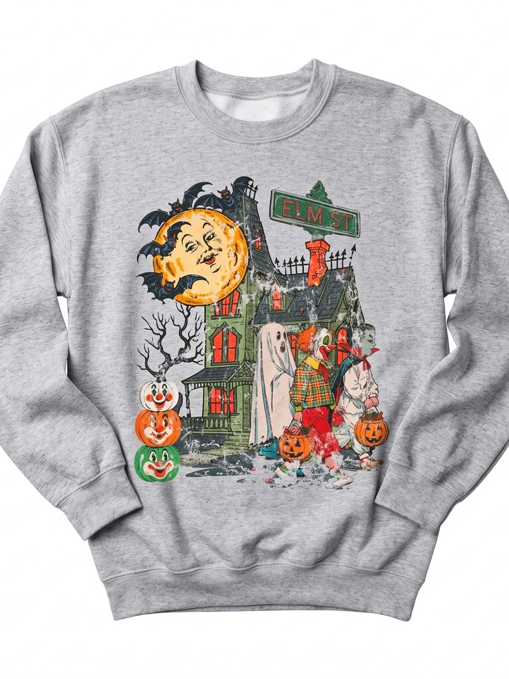 Retro Halloween Trick Or Treat 90s Grunge Ghost Vampire Bat Moon Sweatshirt